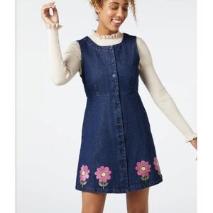 Princess Highway Dress Womens Size 16 Blue Denim Embroidered Flowers 70s Hippie